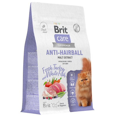 BRIT CARE, Сухой корм с белой рыбой и индейкой для взр.кошек "Cat Anti-Hairball ", 0.4 кг,