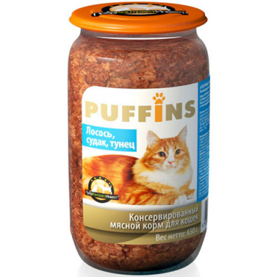 Puffins 650 гр ст/б Лосось/судак/тунец  д/кошек 1/8